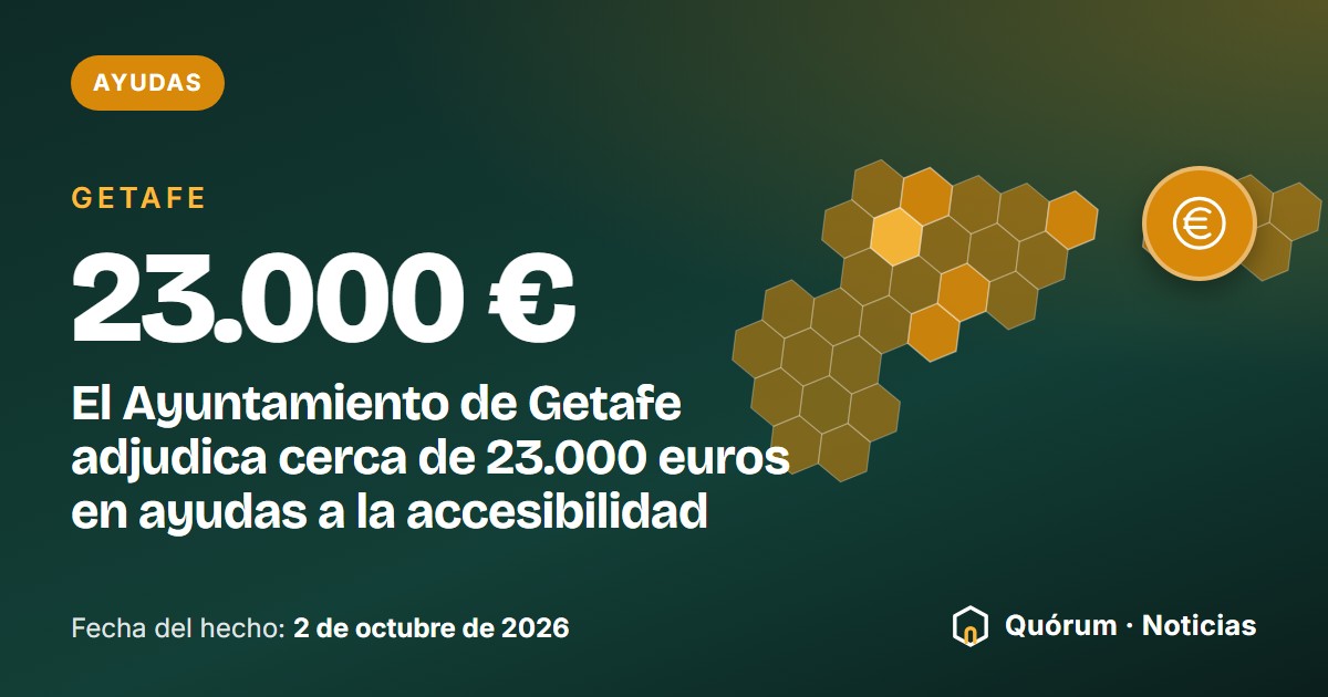 Portada tipográfica de Quórum · Noticias: Ayudas, Getafe. Cifra destacada: 23.000 €. «El Ayuntamiento de Getafe adjudica cerca de 23.000 euros en ayudas a la accesibilidad». Fecha del hecho: 2 de octubre de 2026. Dibujo de la silueta de Getafe en hexágonos y de el símbolo del euro.