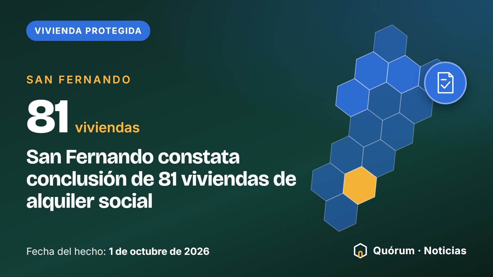 Portada tipográfica de Quórum · Noticias: Vivienda protegida, San Fernando. Cifra destacada: 81 viviendas. «San Fernando constata conclusión de 81 viviendas de alquiler social». Fecha del hecho: 1 de octubre de 2026. Dibujo de la silueta de San Fernando en hexágonos y de un documento sellado.