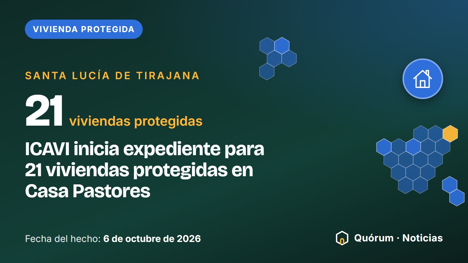 Portada tipográfica de Quórum · Noticias: Vivienda protegida, Santa Lucía de Tirajana. Cifra destacada: 21 viviendas protegidas. «ICAVI inicia expediente para 21 viviendas protegidas en Casa Pastores». Fecha del hecho: 6 de octubre de 2026. Dibujo de la silueta de Santa Lucía de Tirajana en hexágonos y de una casa.