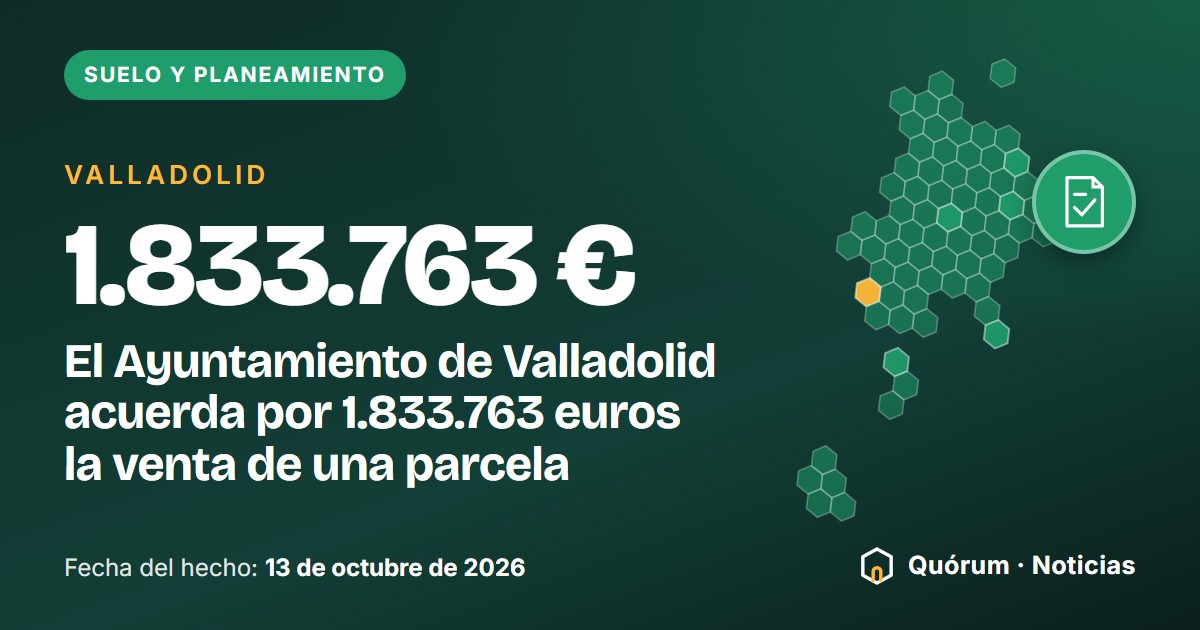 Portada tipográfica de Quórum · Noticias: Suelo y planeamiento, Valladolid. Cifra destacada: 1.833.763 €. «El Ayuntamiento de Valladolid acuerda por 1.833.763 euros la venta de una parcela». Fecha del hecho: 13 de octubre de 2026. Dibujo de la silueta de Valladolid en hexágonos y de un documento sellado.